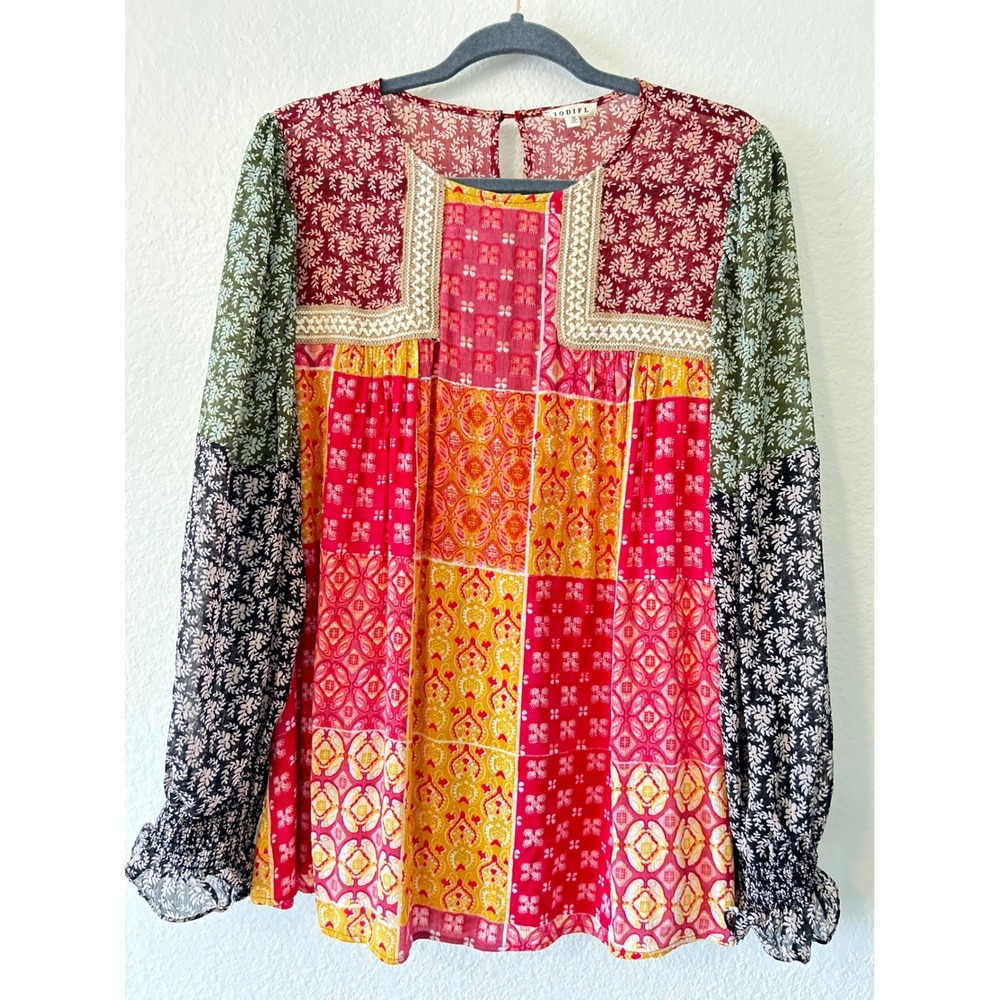 JODIFL Patchwork Floral Long Sleeve Blouse in Red, Yellow, Green, Black